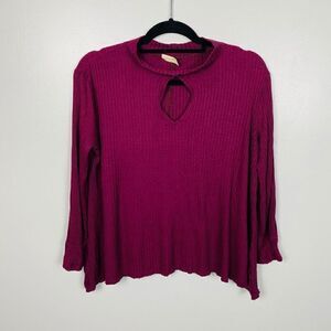 Free People Womens Size Small Maroon Ribbed Knit Keyhole Mock Neck Top